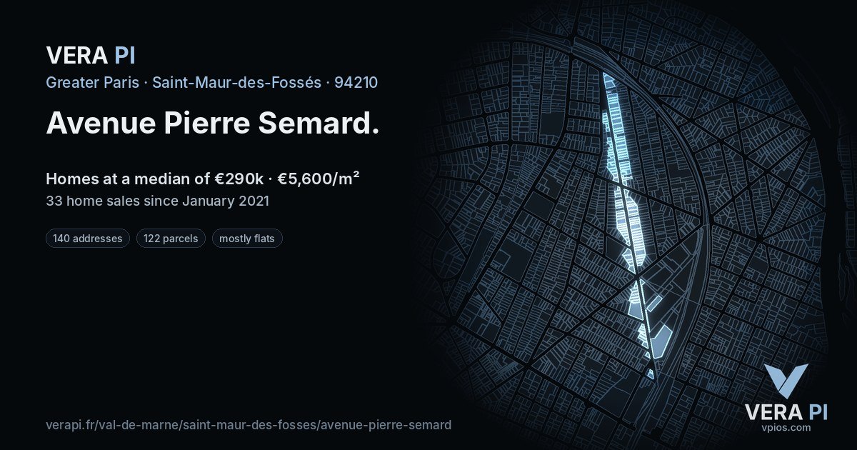 Avenue Pierre Semard, Saint-Maur-des-Fossés at night – every parcel coloured by the prices around it, the street's own parcels lit