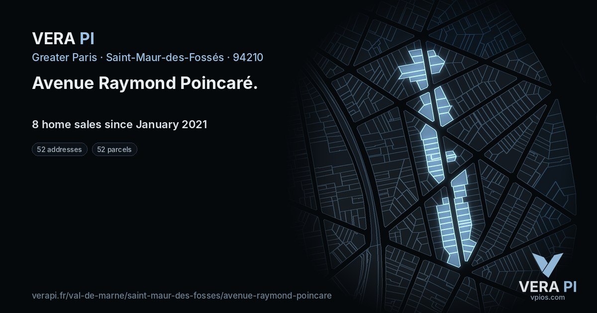 Avenue Raymond Poincaré, Saint-Maur-des-Fossés at night – every parcel coloured by the prices around it, the street's own parcels lit