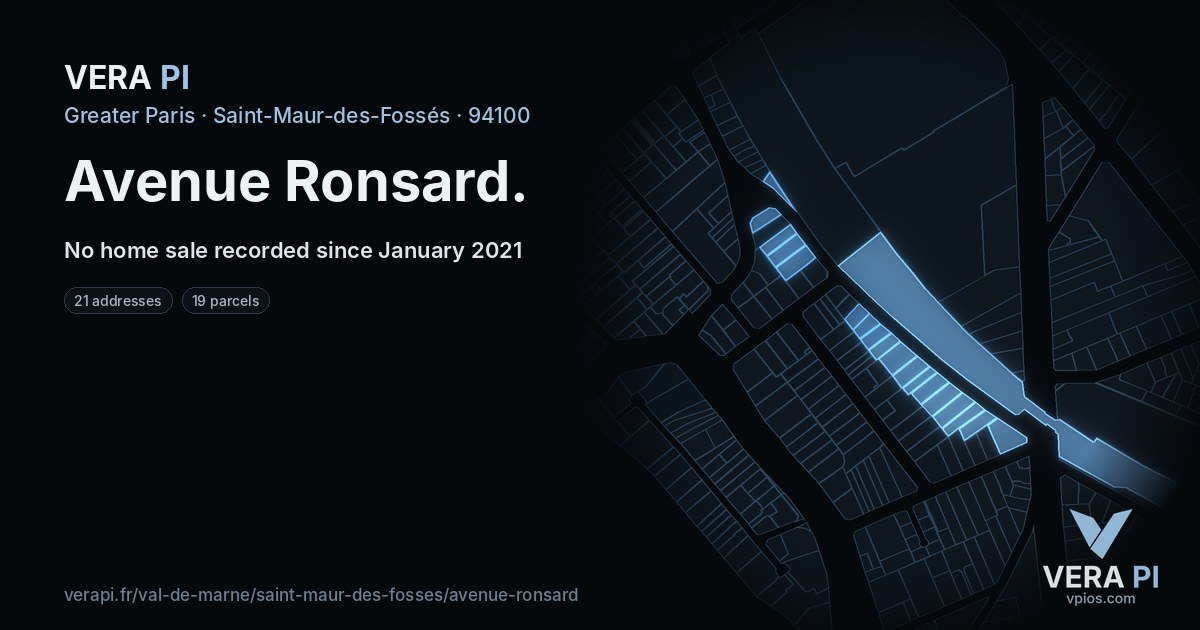 Avenue Ronsard, Saint-Maur-des-Fossés at night – every parcel coloured by the prices around it, the street's own parcels lit