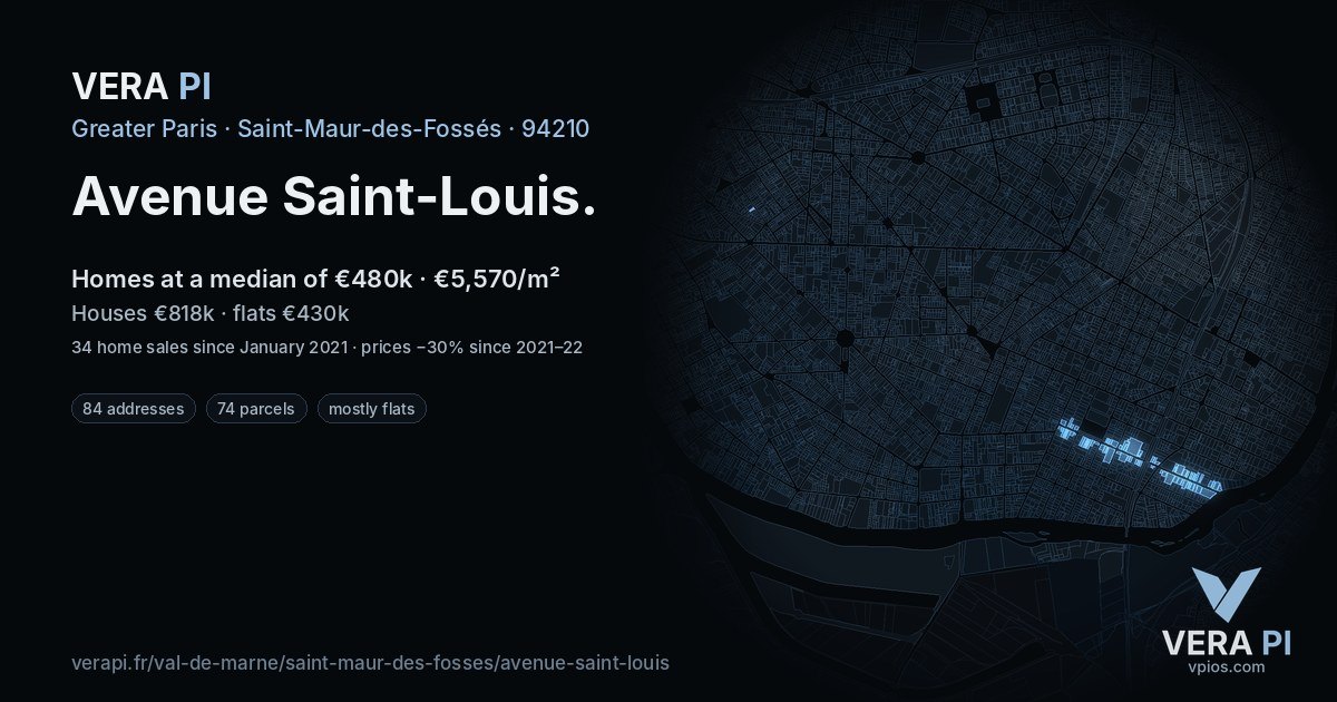 Avenue Saint-Louis, Saint-Maur-des-Fossés at night – every parcel coloured by the prices around it, the street's own parcels lit