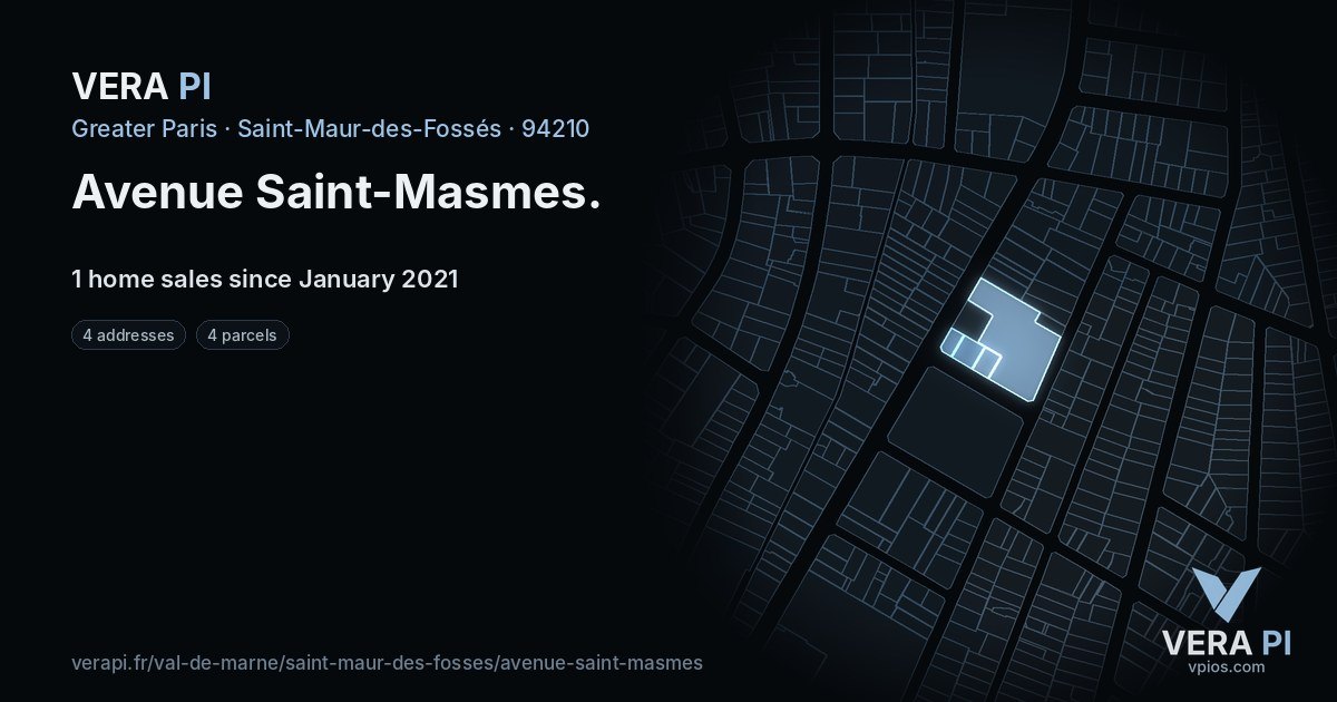 Avenue Saint-Masmes, Saint-Maur-des-Fossés at night – every parcel coloured by the prices around it, the street's own parcels lit