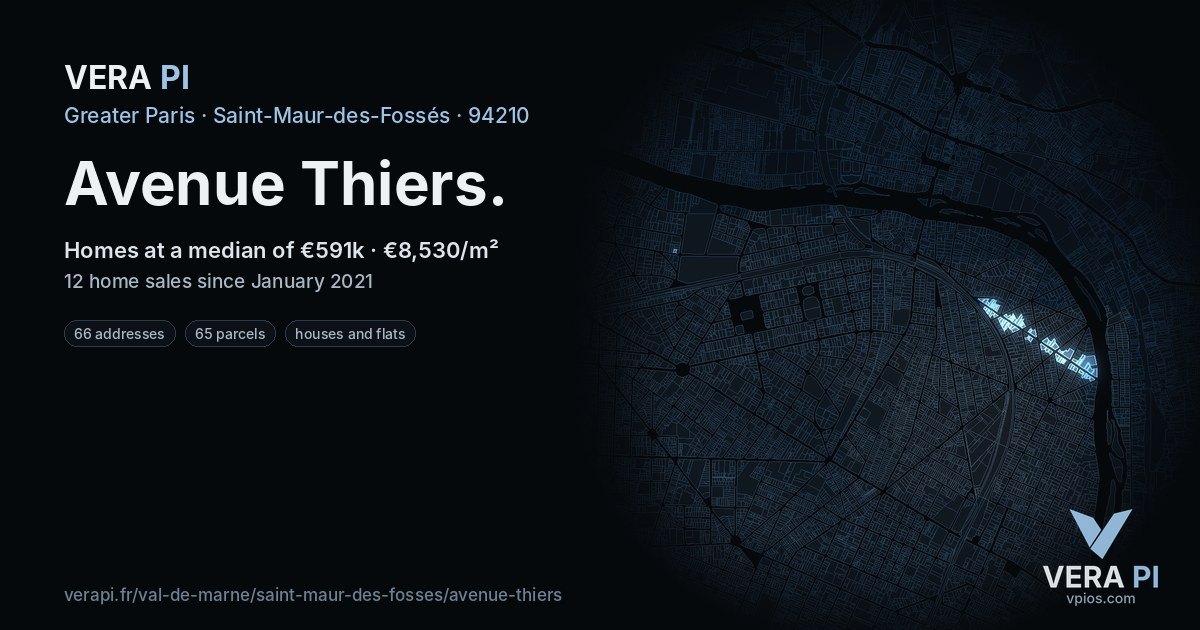 Avenue Thiers, Saint-Maur-des-Fossés at night – every parcel coloured by the prices around it, the street's own parcels lit