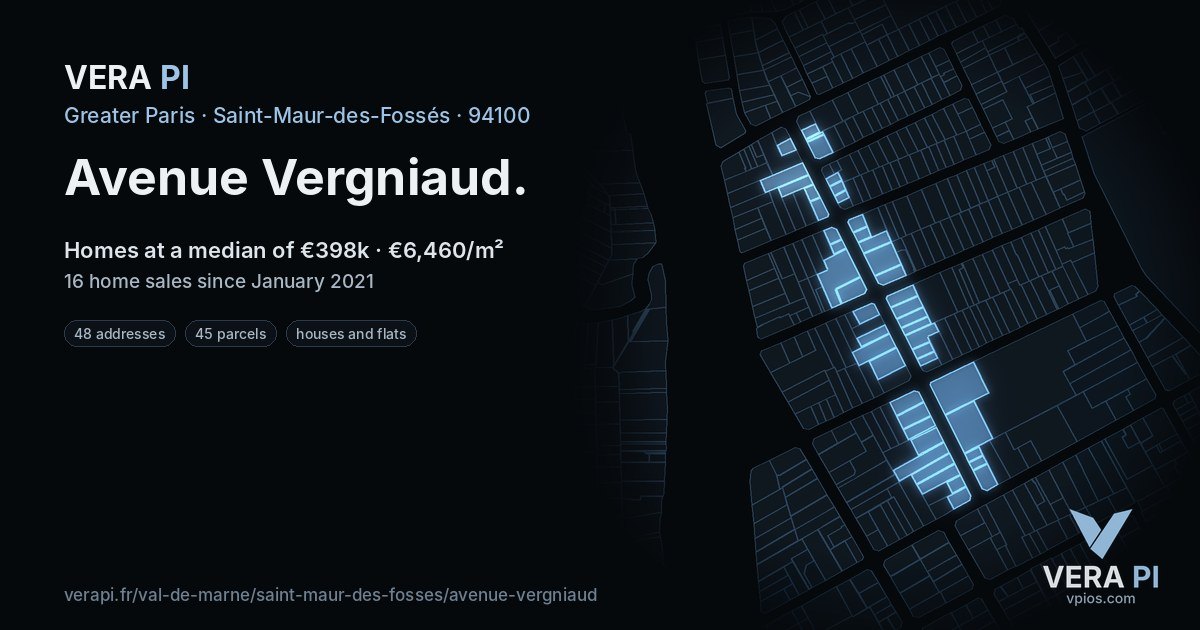 Avenue Vergniaud, Saint-Maur-des-Fossés at night – every parcel coloured by the prices around it, the street's own parcels lit