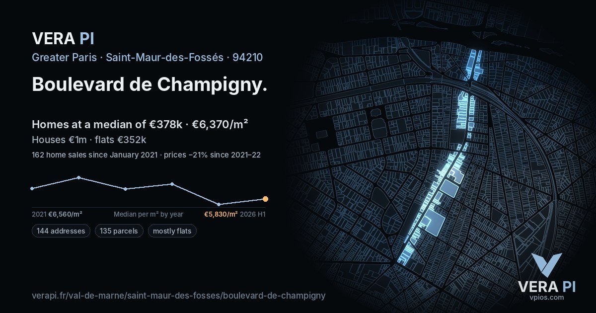 Boulevard de Champigny, Saint-Maur-des-Fossés at night – every parcel coloured by the prices around it, the street's own parcels lit