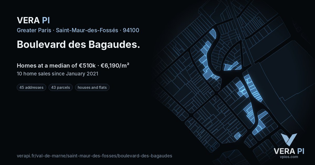 Boulevard des Bagaudes, Saint-Maur-des-Fossés at night – every parcel coloured by the prices around it, the street's own parcels lit