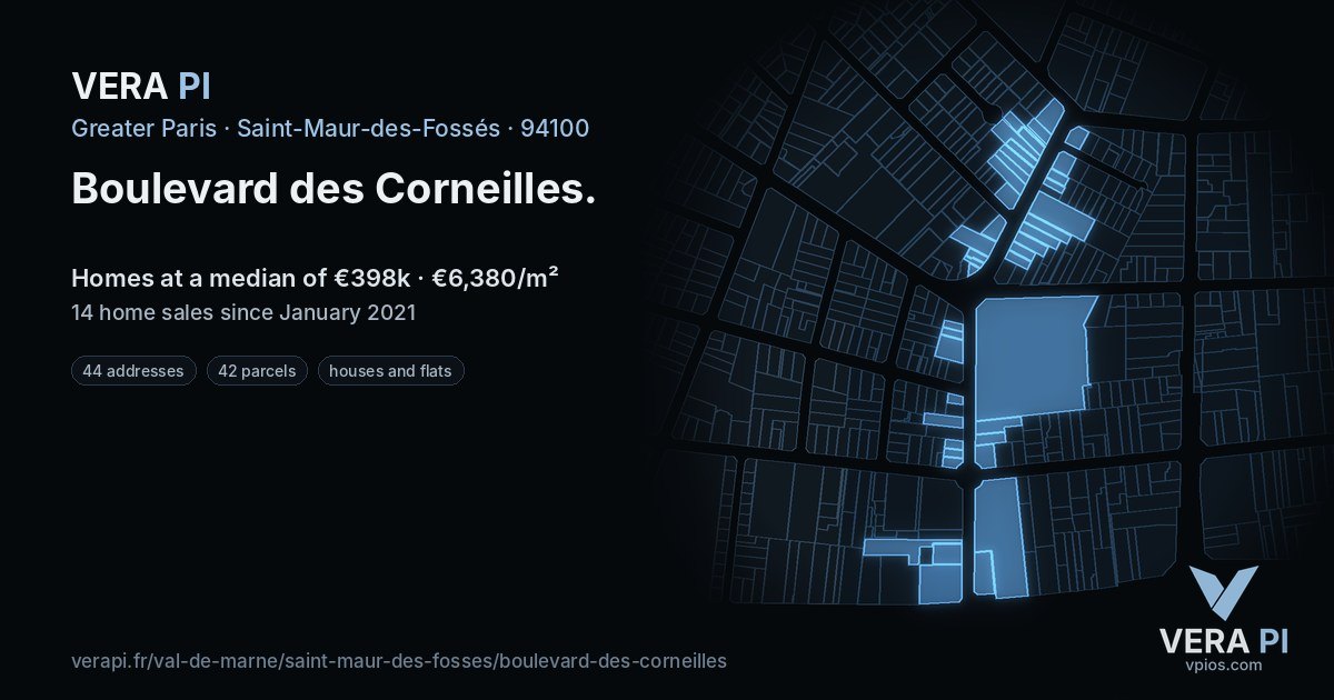 Boulevard des Corneilles, Saint-Maur-des-Fossés at night – every parcel coloured by the prices around it, the street's own parcels lit