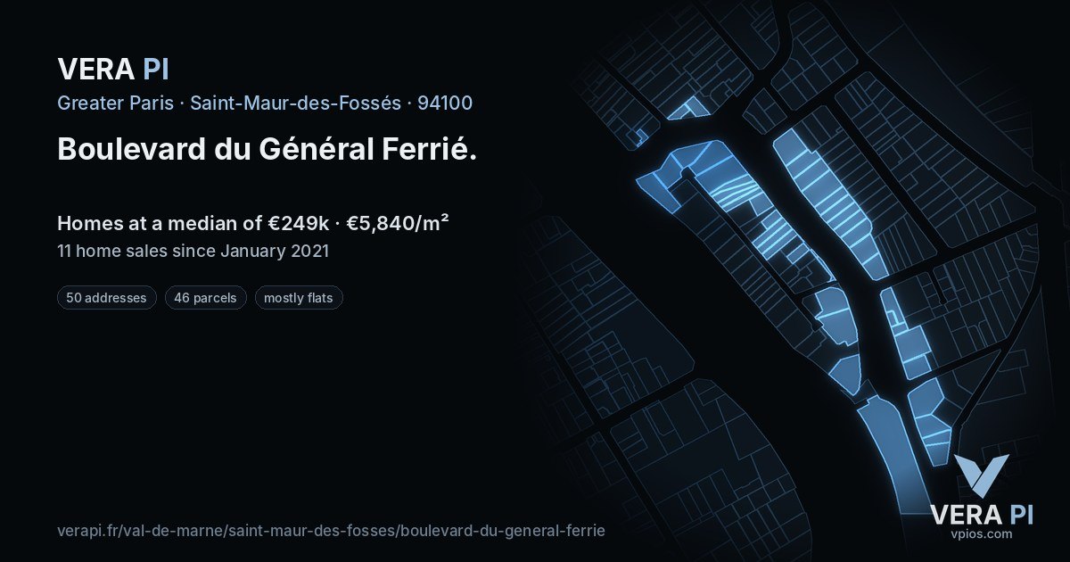 Boulevard du Général Ferrié, Saint-Maur-des-Fossés at night – every parcel coloured by the prices around it, the street's own parcels lit