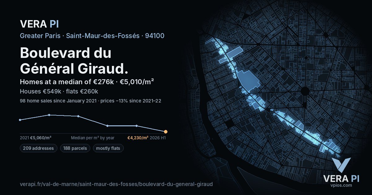 Boulevard du Général Giraud, Saint-Maur-des-Fossés at night – every parcel coloured by the prices around it, the street's own parcels lit