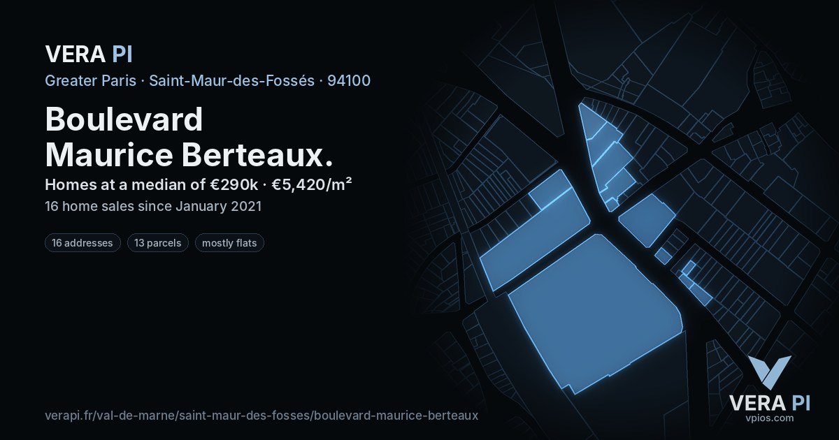 Boulevard Maurice Berteaux, Saint-Maur-des-Fossés at night – every parcel coloured by the prices around it, the street's own parcels lit