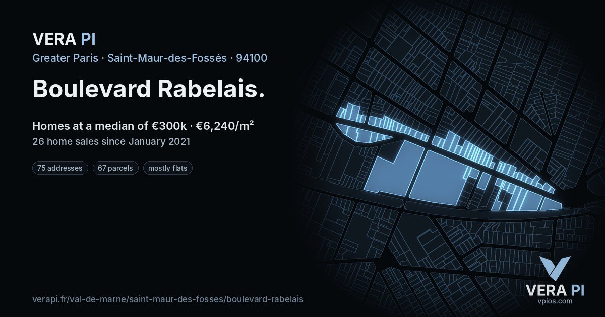Boulevard Rabelais, Saint-Maur-des-Fossés at night – every parcel coloured by the prices around it, the street's own parcels lit