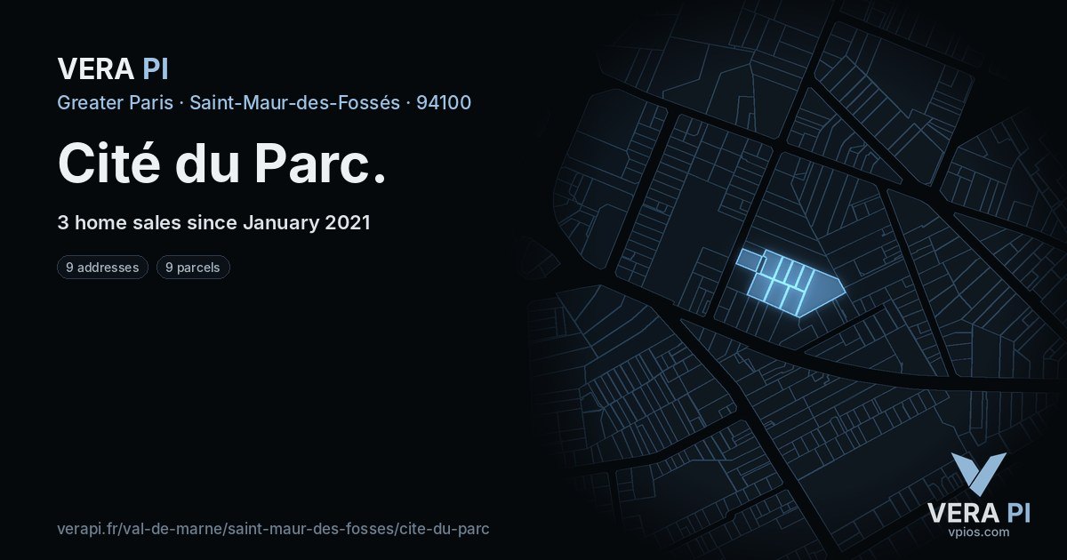 Cité du Parc, Saint-Maur-des-Fossés at night – every parcel coloured by the prices around it, the street's own parcels lit