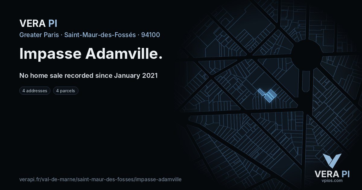 Impasse Adamville, Saint-Maur-des-Fossés at night – every parcel coloured by the prices around it, the street's own parcels lit