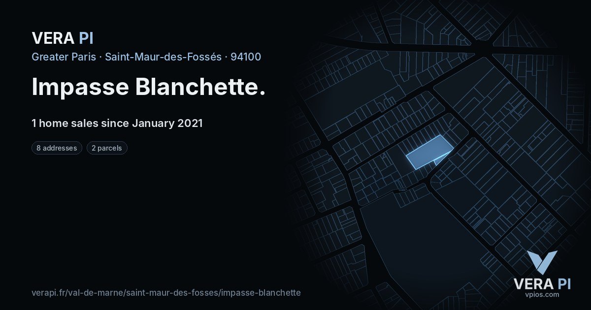 Impasse Blanchette, Saint-Maur-des-Fossés at night – every parcel coloured by the prices around it, the street's own parcels lit