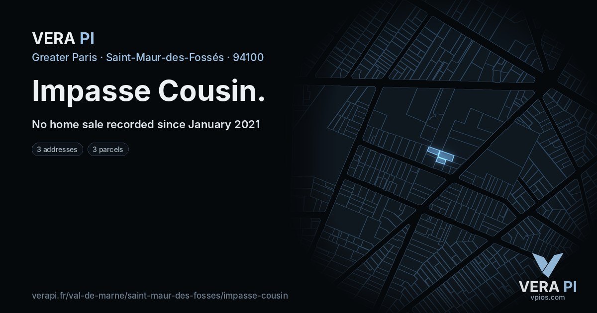 Impasse Cousin, Saint-Maur-des-Fossés at night – every parcel coloured by the prices around it, the street's own parcels lit