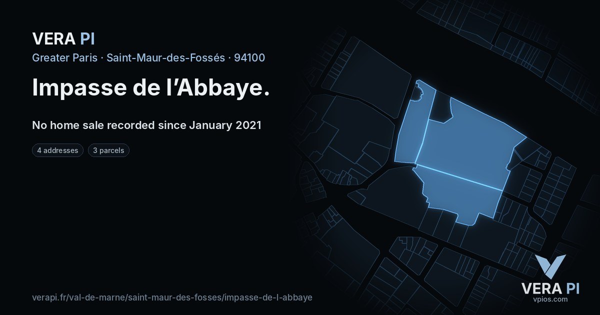 Impasse de l’Abbaye, Saint-Maur-des-Fossés at night – every parcel coloured by the prices around it, the street's own parcels lit