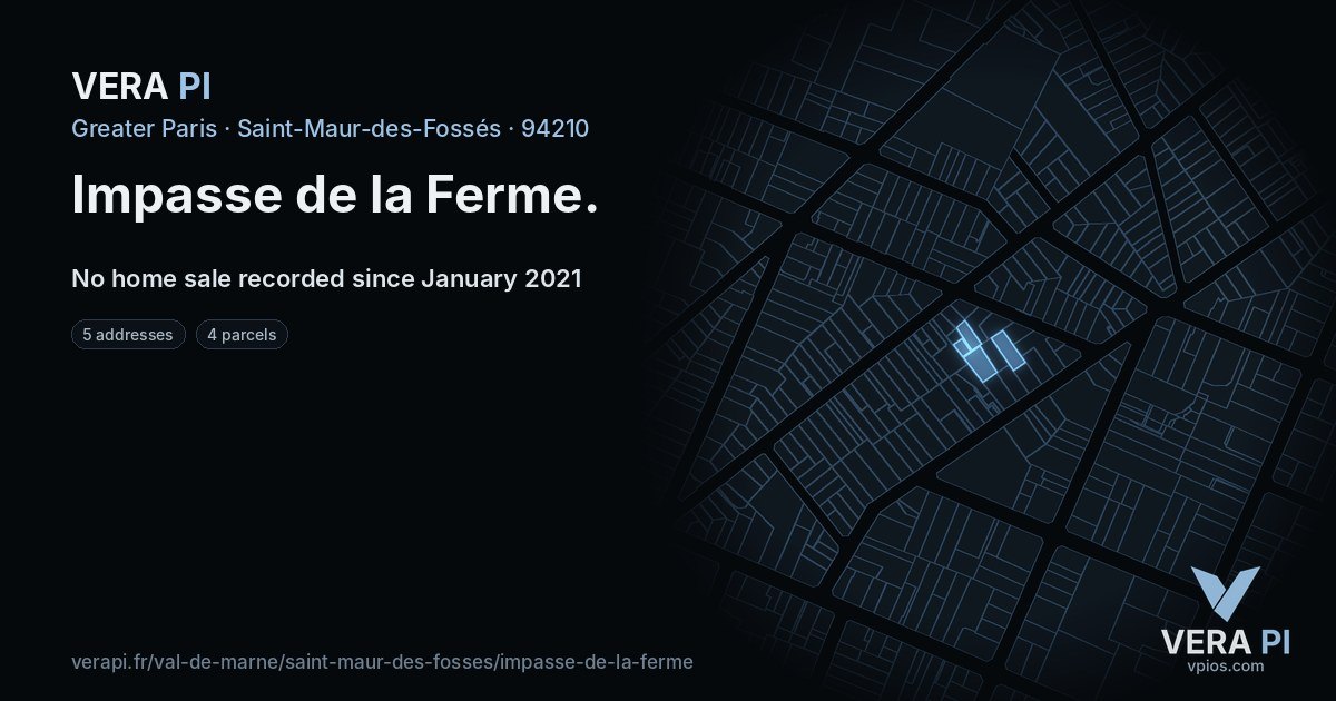 Impasse de la Ferme, Saint-Maur-des-Fossés at night – every parcel coloured by the prices around it, the street's own parcels lit