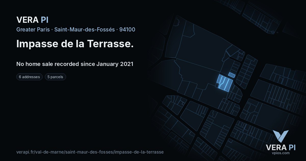 Impasse de la Terrasse, Saint-Maur-des-Fossés at night – every parcel coloured by the prices around it, the street's own parcels lit