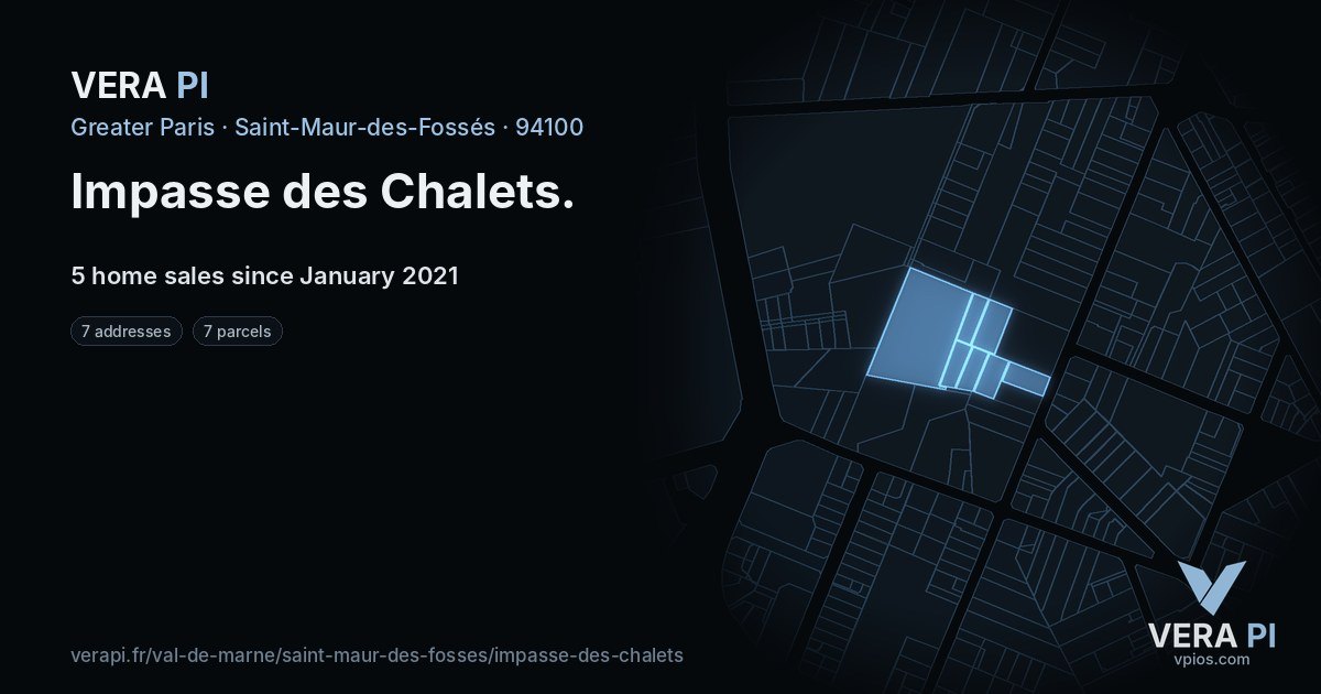 Impasse des Chalets, Saint-Maur-des-Fossés at night – every parcel coloured by the prices around it, the street's own parcels lit