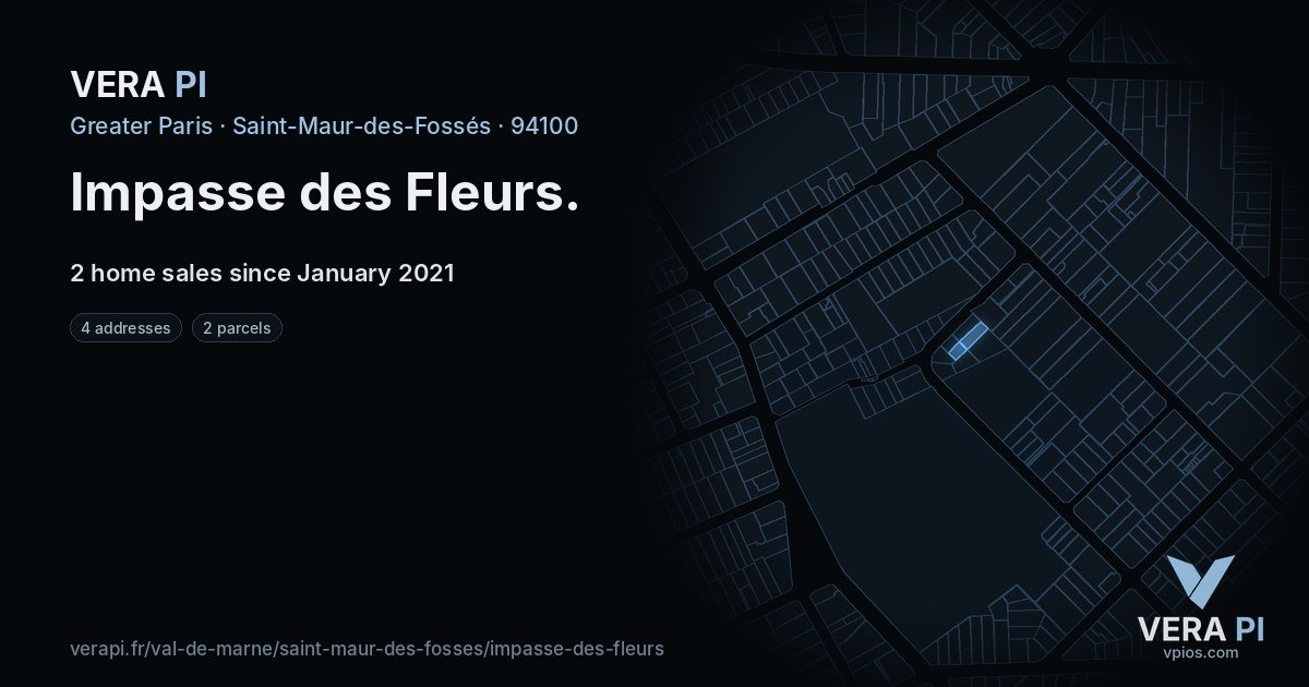 Impasse des Fleurs, Saint-Maur-des-Fossés at night – every parcel coloured by the prices around it, the street's own parcels lit