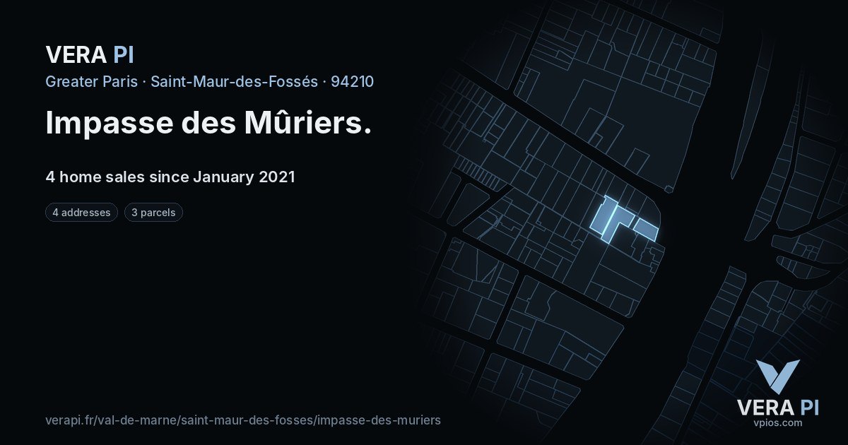Impasse des Mûriers, Saint-Maur-des-Fossés at night – every parcel coloured by the prices around it, the street's own parcels lit