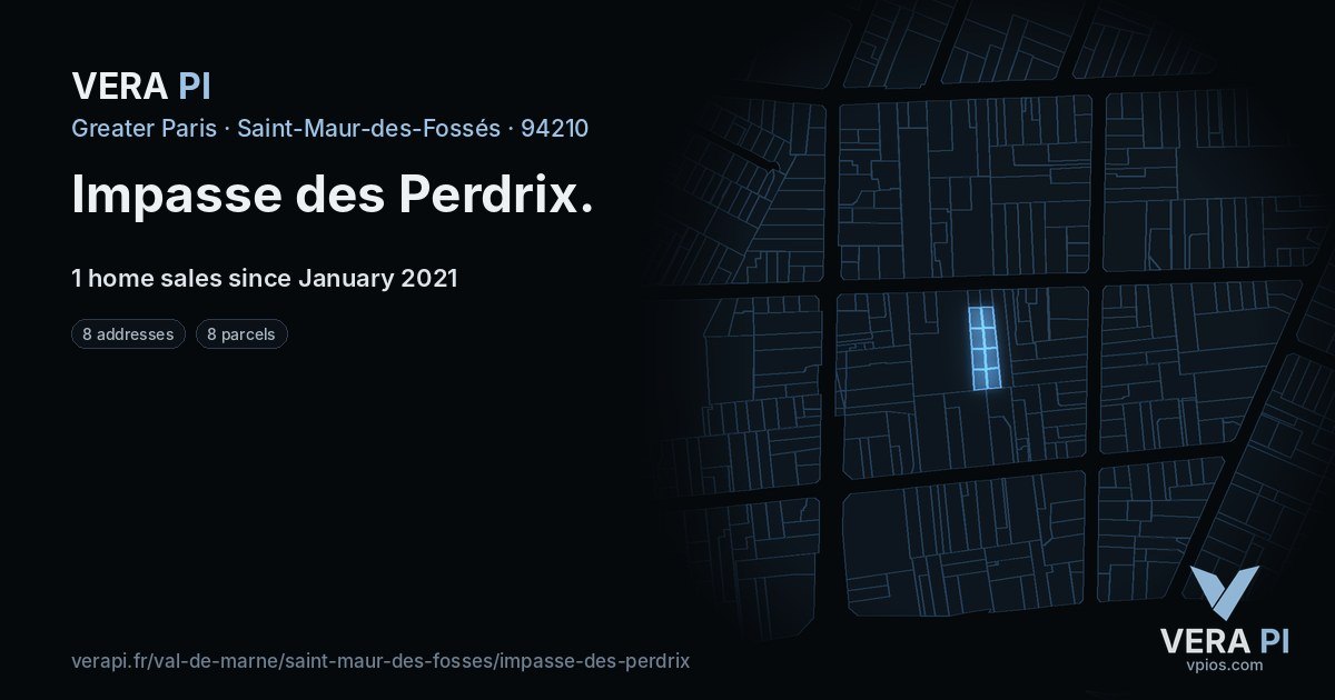 Impasse des Perdrix, Saint-Maur-des-Fossés at night – every parcel coloured by the prices around it, the street's own parcels lit