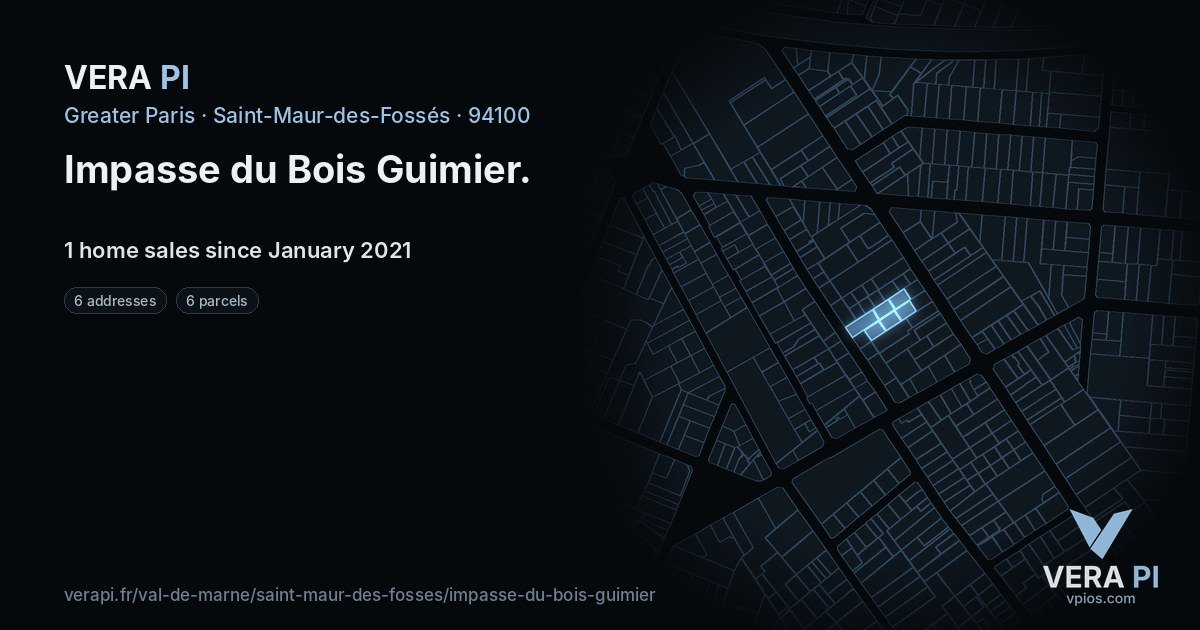 Impasse du Bois Guimier, Saint-Maur-des-Fossés at night – every parcel coloured by the prices around it, the street's own parcels lit