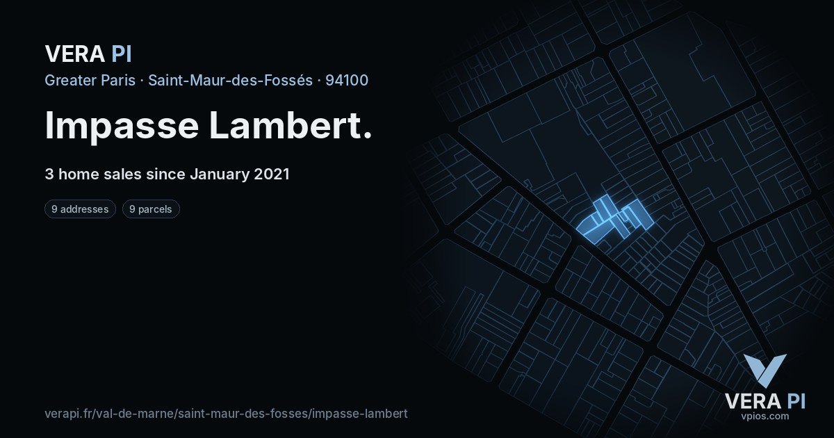 Impasse Lambert, Saint-Maur-des-Fossés at night – every parcel coloured by the prices around it, the street's own parcels lit