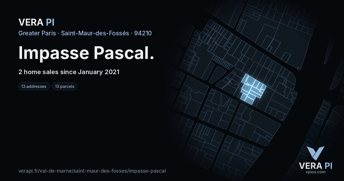 Impasse Pascal, Saint-Maur-des-Fossés at night – every parcel coloured by the prices around it, the street's own parcels lit
