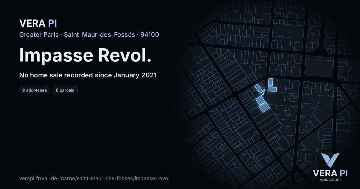 Impasse Revol, Saint-Maur-des-Fossés at night – every parcel coloured by the prices around it, the street's own parcels lit