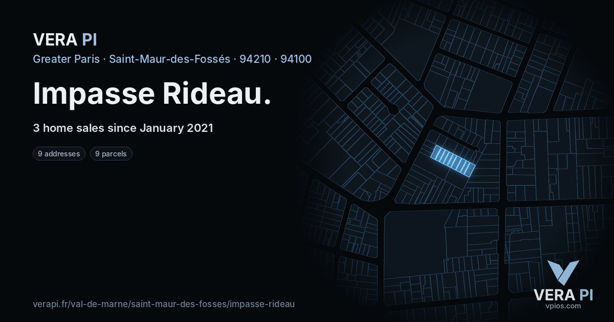 Impasse Rideau, Saint-Maur-des-Fossés at night – every parcel coloured by the prices around it, the street's own parcels lit