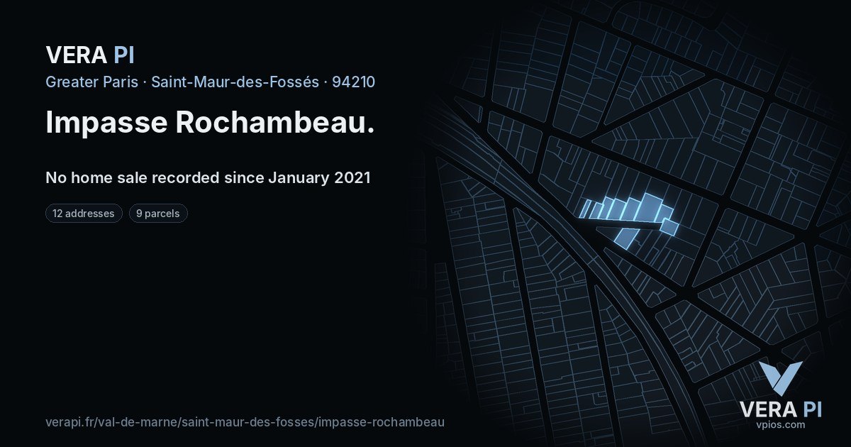Impasse Rochambeau, Saint-Maur-des-Fossés at night – every parcel coloured by the prices around it, the street's own parcels lit