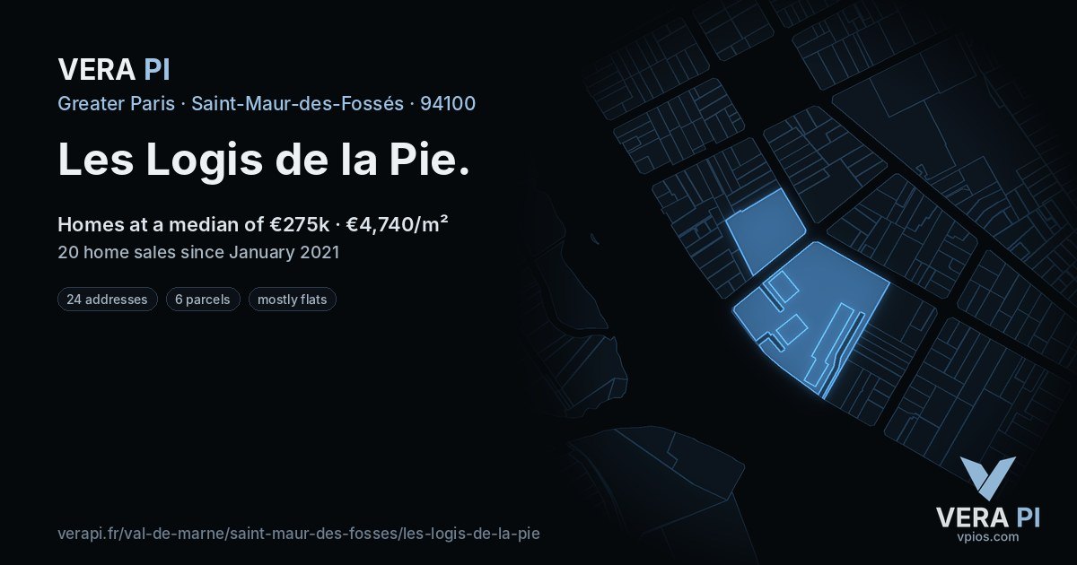 Les Logis de la Pie, Saint-Maur-des-Fossés at night – every parcel coloured by the prices around it, the street's own parcels lit