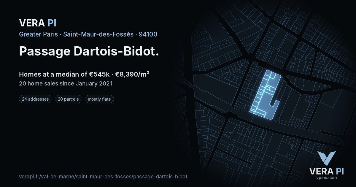 Passage Dartois-Bidot, Saint-Maur-des-Fossés at night – every parcel coloured by the prices around it, the street's own parcels lit
