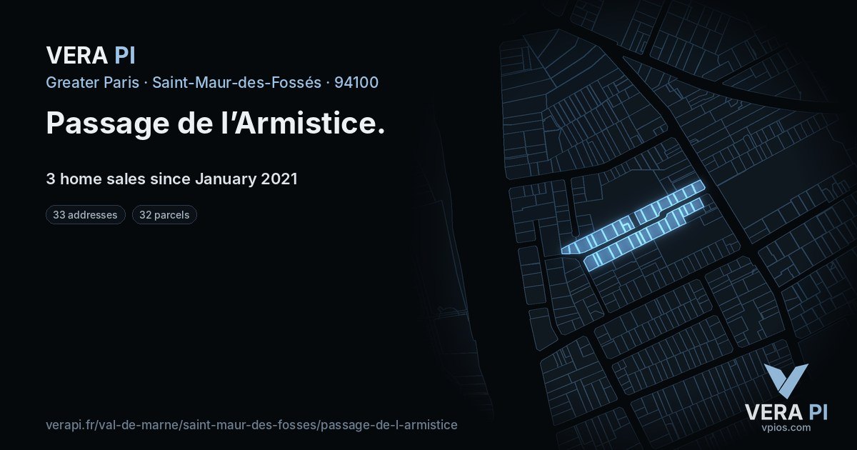 Passage de l’Armistice, Saint-Maur-des-Fossés at night – every parcel coloured by the prices around it, the street's own parcels lit