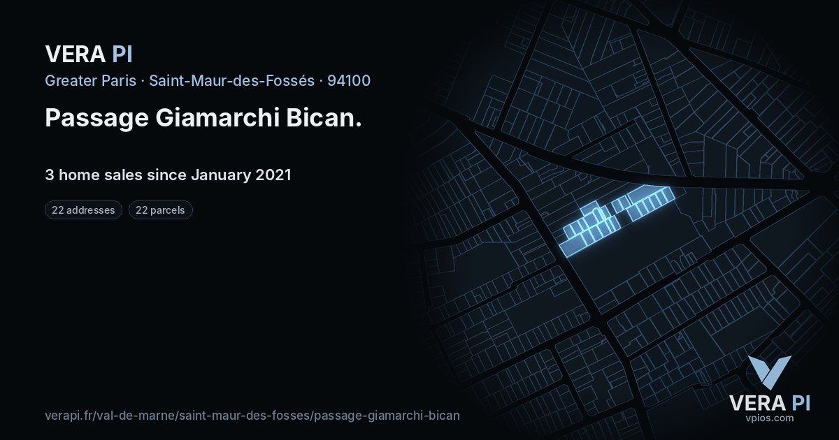 Passage Giamarchi Bican, Saint-Maur-des-Fossés at night – every parcel coloured by the prices around it, the street's own parcels lit