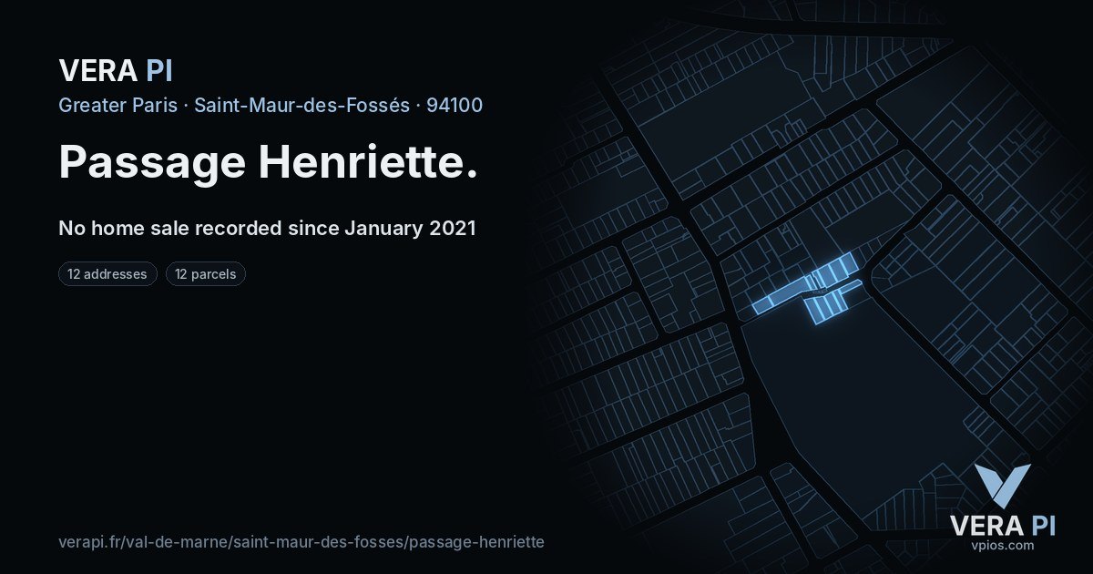 Passage Henriette, Saint-Maur-des-Fossés at night – every parcel coloured by the prices around it, the street's own parcels lit
