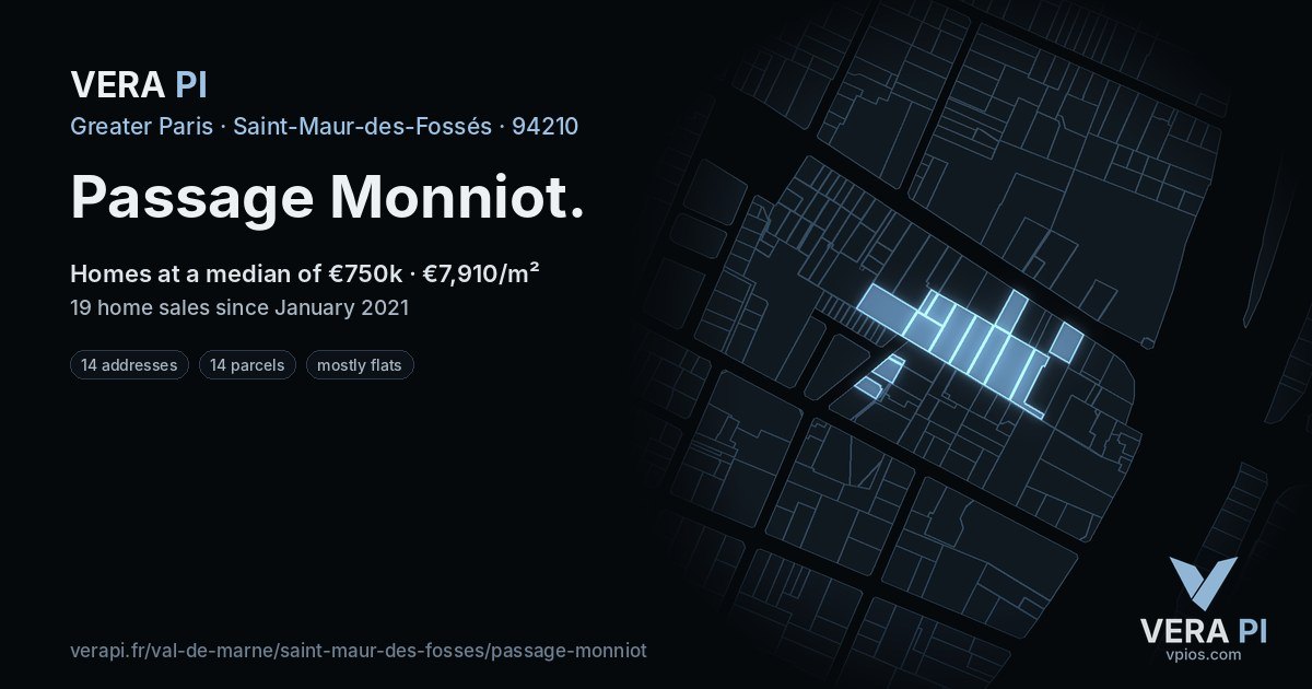 Passage Monniot, Saint-Maur-des-Fossés at night – every parcel coloured by the prices around it, the street's own parcels lit