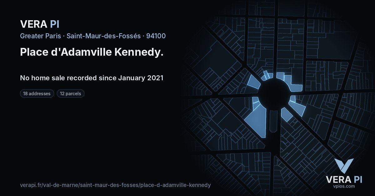 Place d'Adamville Kennedy, Saint-Maur-des-Fossés at night – every parcel coloured by the prices around it, the street's own parcels lit