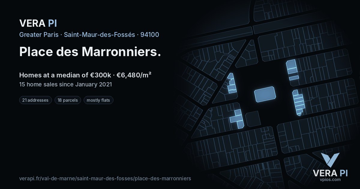 Place des Marronniers, Saint-Maur-des-Fossés at night – every parcel coloured by the prices around it, the street's own parcels lit