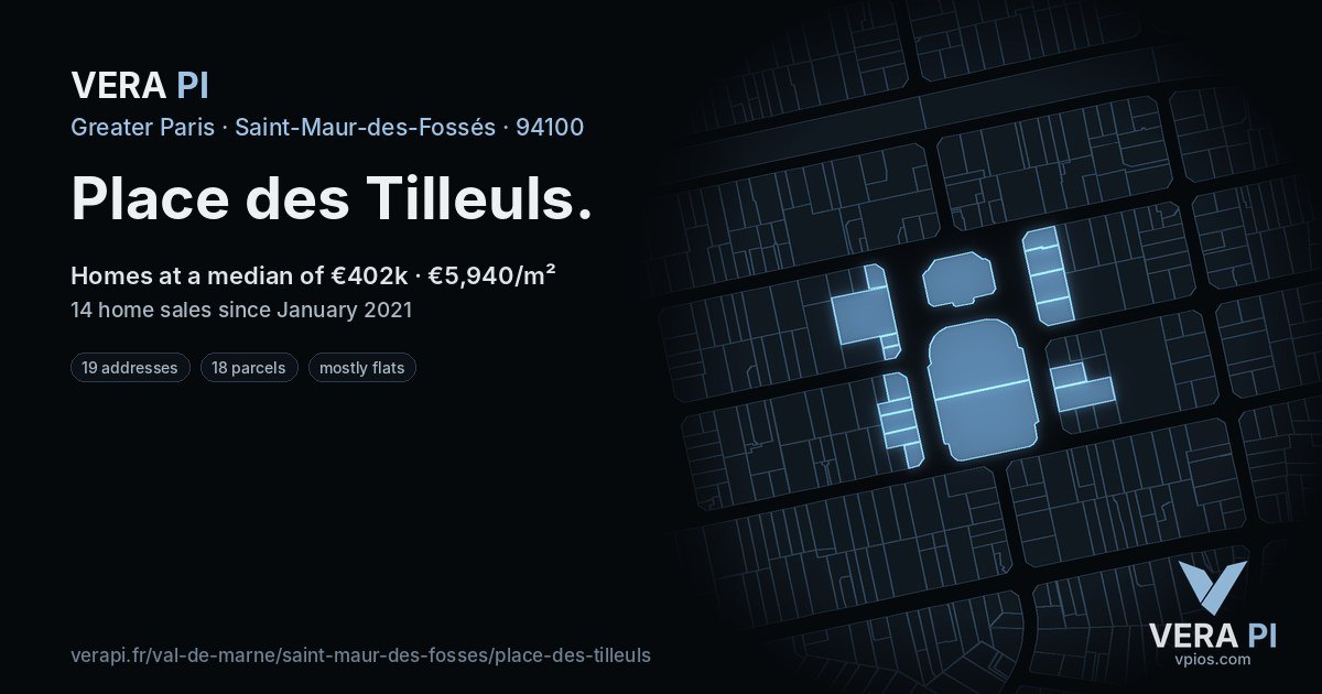 Place des Tilleuls, Saint-Maur-des-Fossés at night – every parcel coloured by the prices around it, the street's own parcels lit