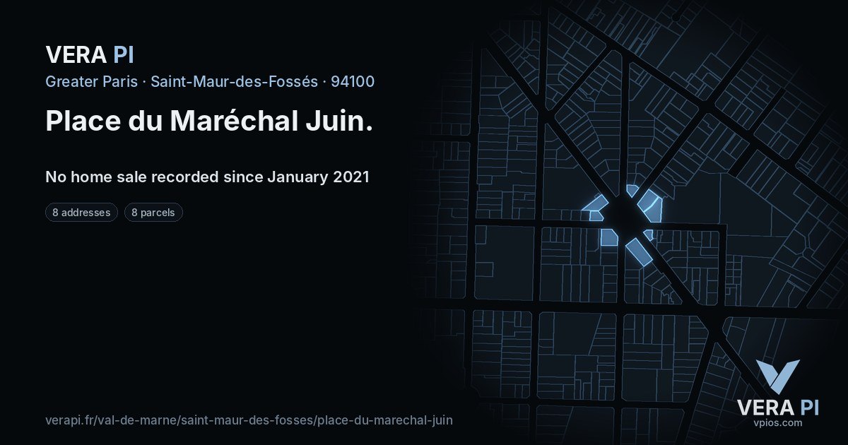 Place du Maréchal Juin, Saint-Maur-des-Fossés at night – every parcel coloured by the prices around it, the street's own parcels lit