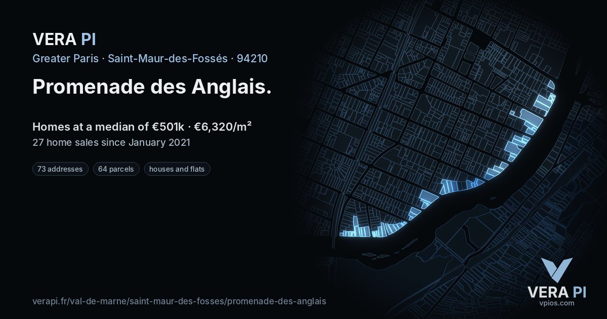 Promenade des Anglais, Saint-Maur-des-Fossés at night – every parcel coloured by the prices around it, the street's own parcels lit