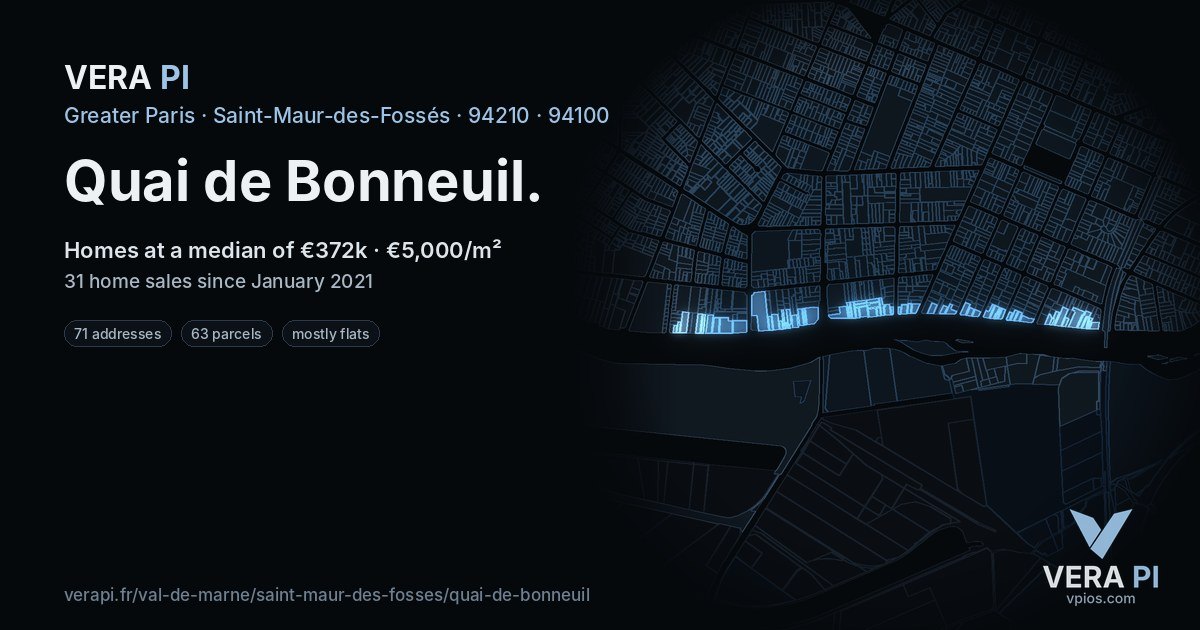 Quai de Bonneuil, Saint-Maur-des-Fossés at night – every parcel coloured by the prices around it, the street's own parcels lit