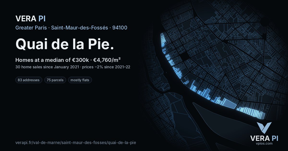 Quai de la Pie, Saint-Maur-des-Fossés at night – every parcel coloured by the prices around it, the street's own parcels lit