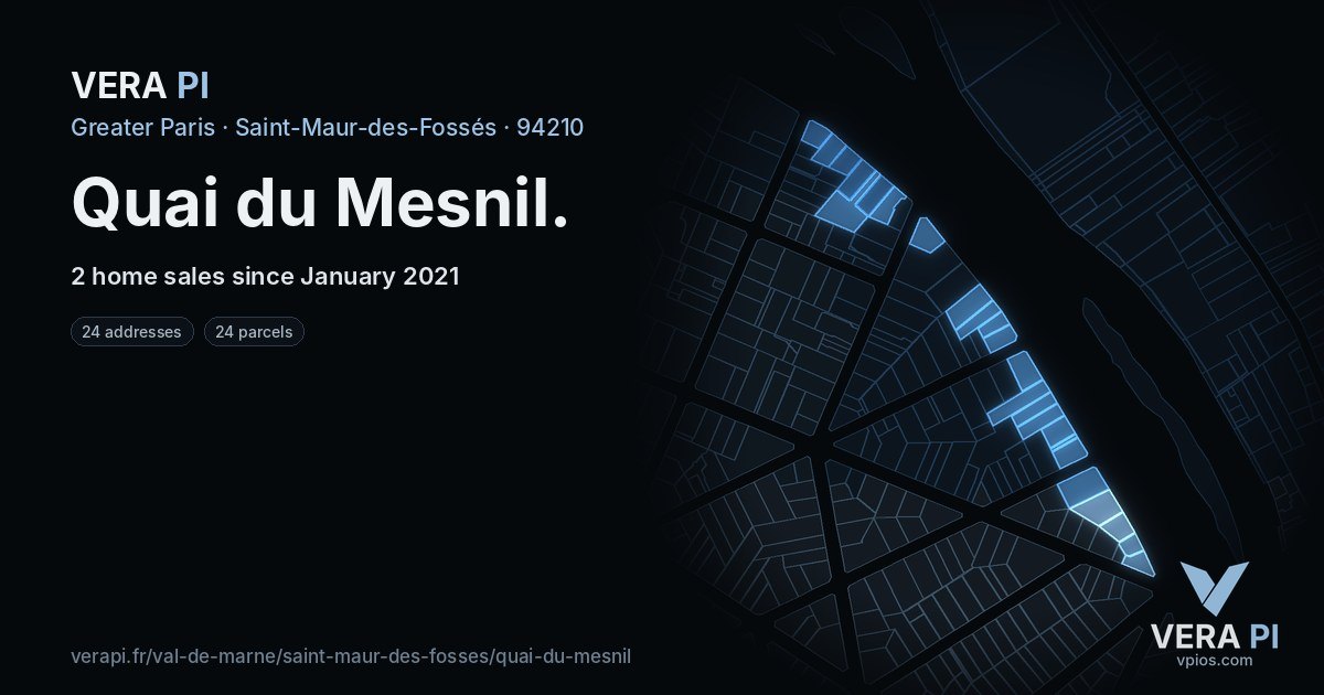 Quai du Mesnil, Saint-Maur-des-Fossés at night – every parcel coloured by the prices around it, the street's own parcels lit