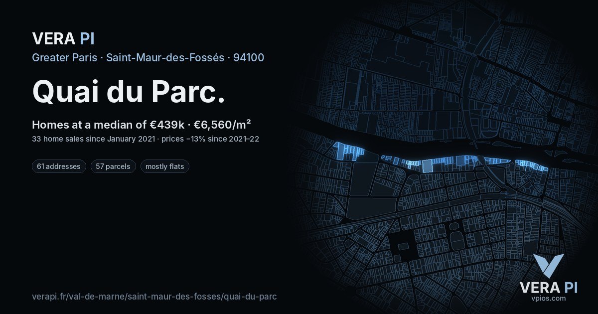 Quai du Parc, Saint-Maur-des-Fossés at night – every parcel coloured by the prices around it, the street's own parcels lit