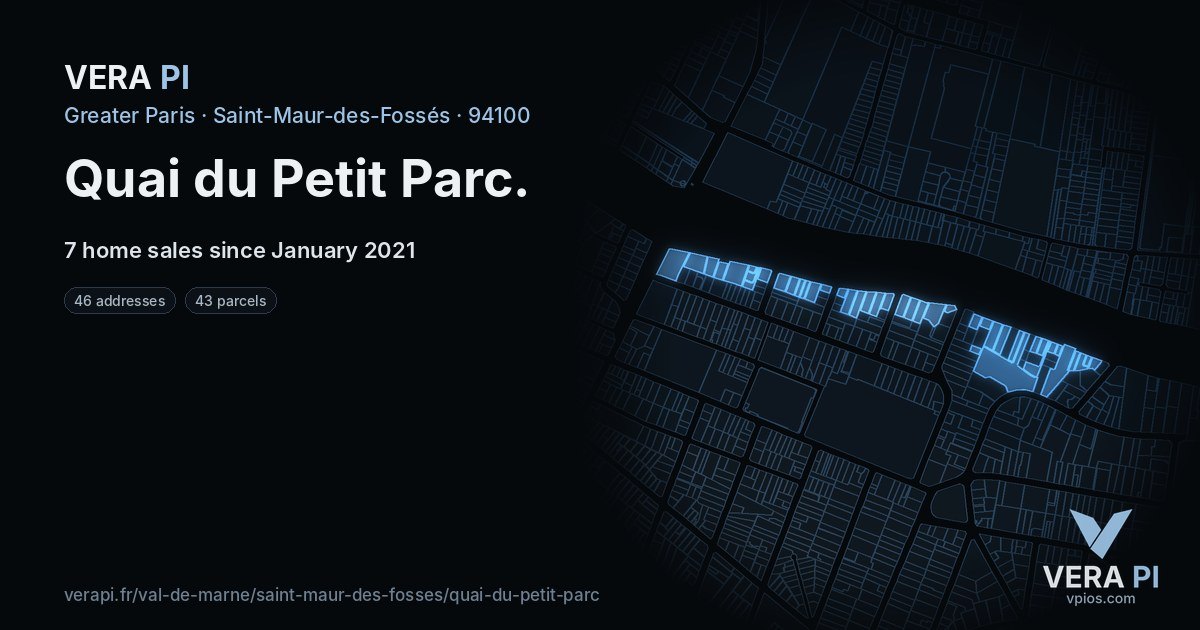 Quai du Petit Parc, Saint-Maur-des-Fossés at night – every parcel coloured by the prices around it, the street's own parcels lit