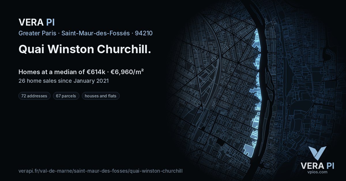 Quai Winston Churchill, Saint-Maur-des-Fossés at night – every parcel coloured by the prices around it, the street's own parcels lit