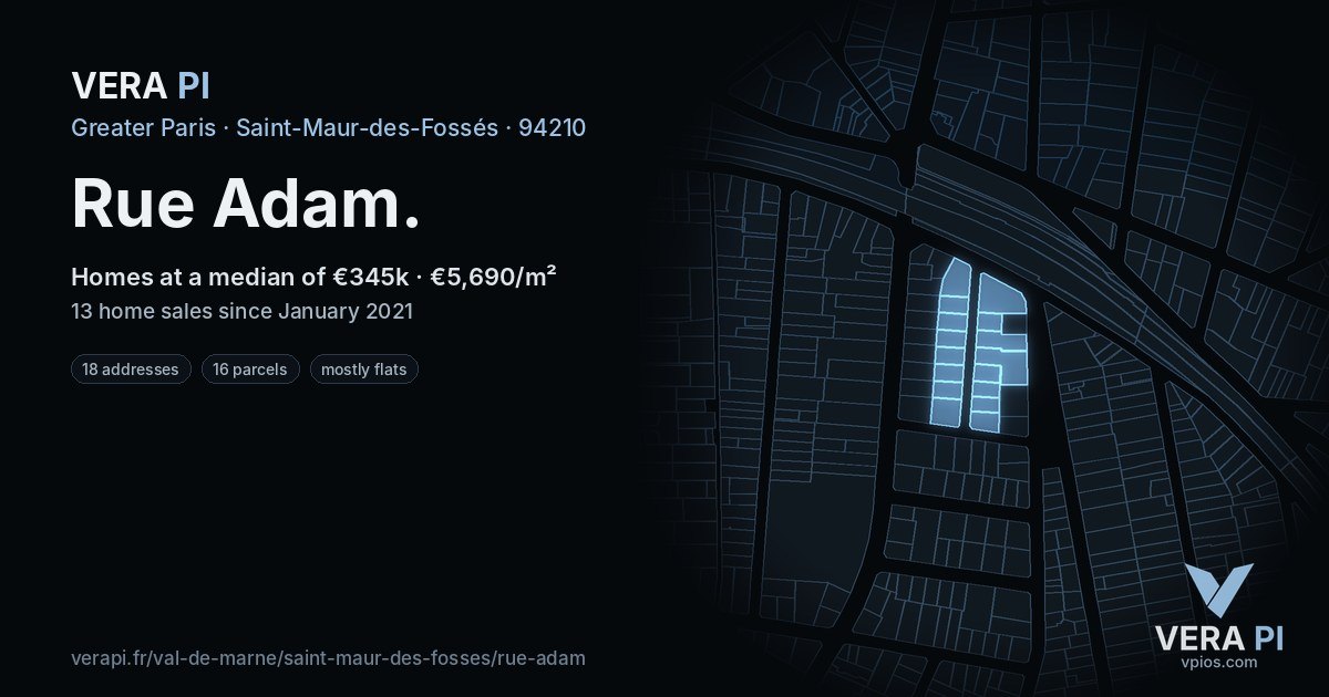 Rue Adam, Saint-Maur-des-Fossés at night – every parcel coloured by the prices around it, the street's own parcels lit