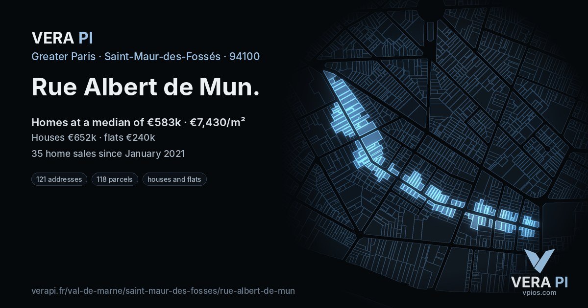 Rue Albert de Mun, Saint-Maur-des-Fossés at night – every parcel coloured by the prices around it, the street's own parcels lit